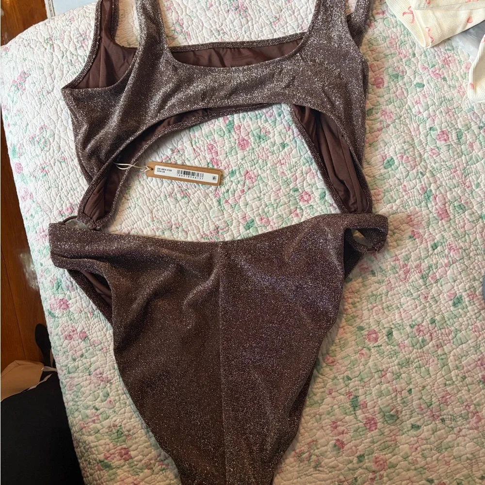 SKIMS Signature Swim Cut-Out Monokini Metallic Glitter Jasper Brown 3X NWT
